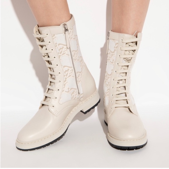 Fendi $1100 Kaligraphy Jacquard Monogram Logo Leather Knitted Combat Boots Sz 9 - Picture 1 of 13